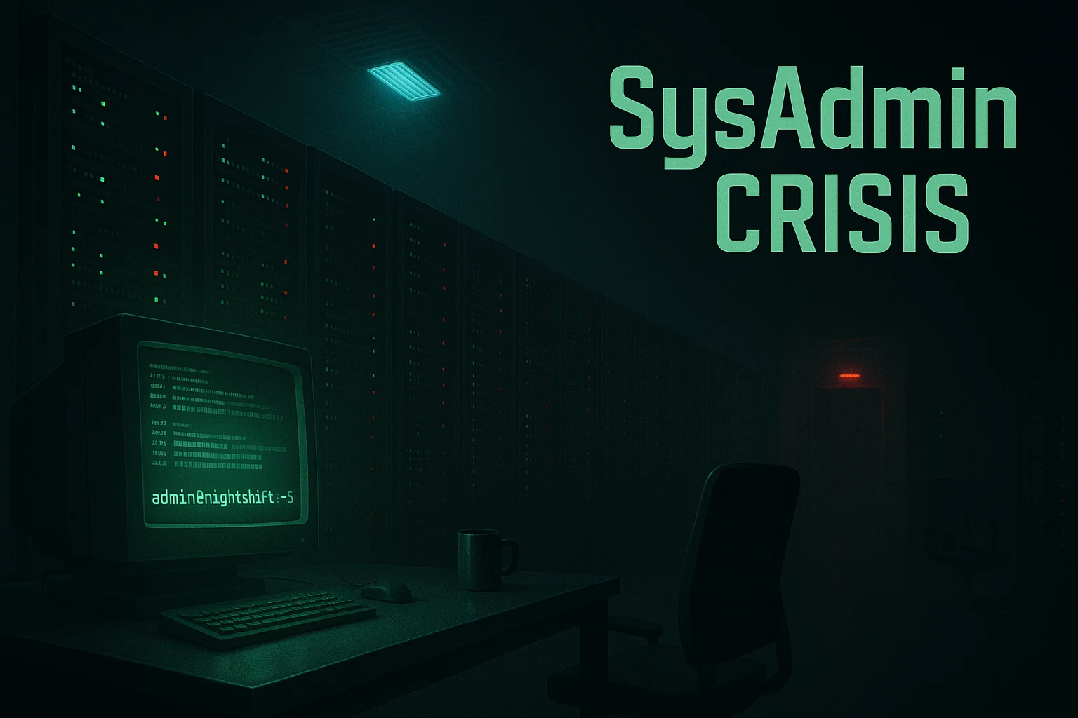 Gece 03:00'te karanlık bir veri merkezi: yeşil, sarı ve kırmızı durum LED'leriyle iki sıra sunucu rafı, ön planda masanın üstünde parlayan bir CRT terminal.